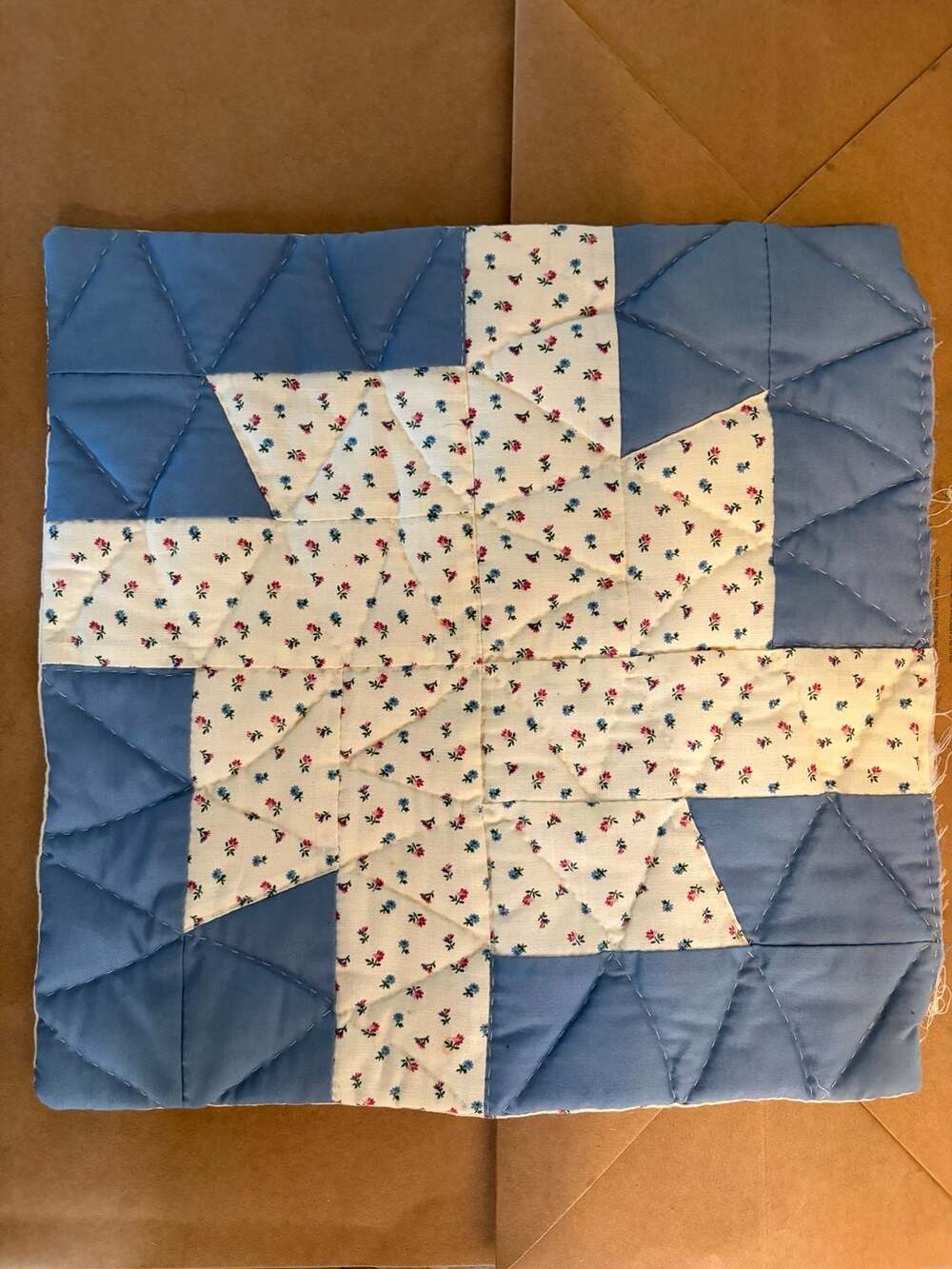 Handmade Pinwheel Quilt Block Blue and Floral